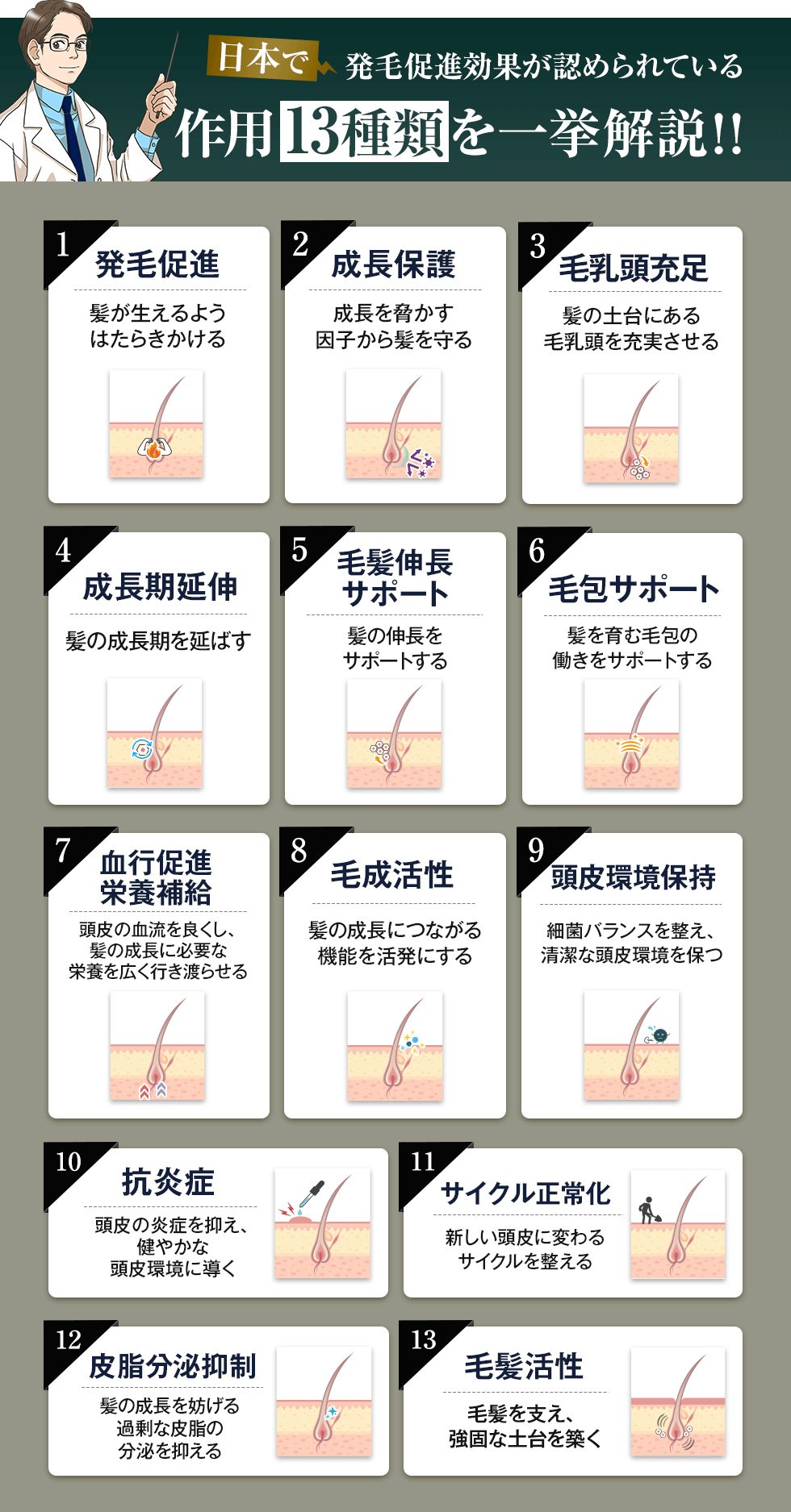日本で発毛促進効果が認められている作用13種類を解説
