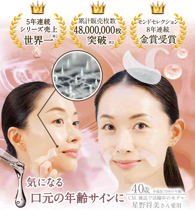 ４年連続売上販売個数世界一。累計販売枚数30,000,000枚。モンドセレクション7年連続金賞受賞。貼るヒアルロン酸マイクロニードルパッチ