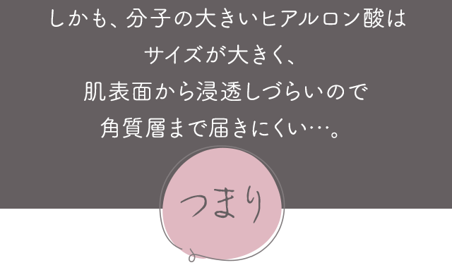 しかも、ヒアルロン酸は分子量が大きく肌の入り口の1,000倍の大きさがあるため「塗るだけ」では角質層まで届かない…。