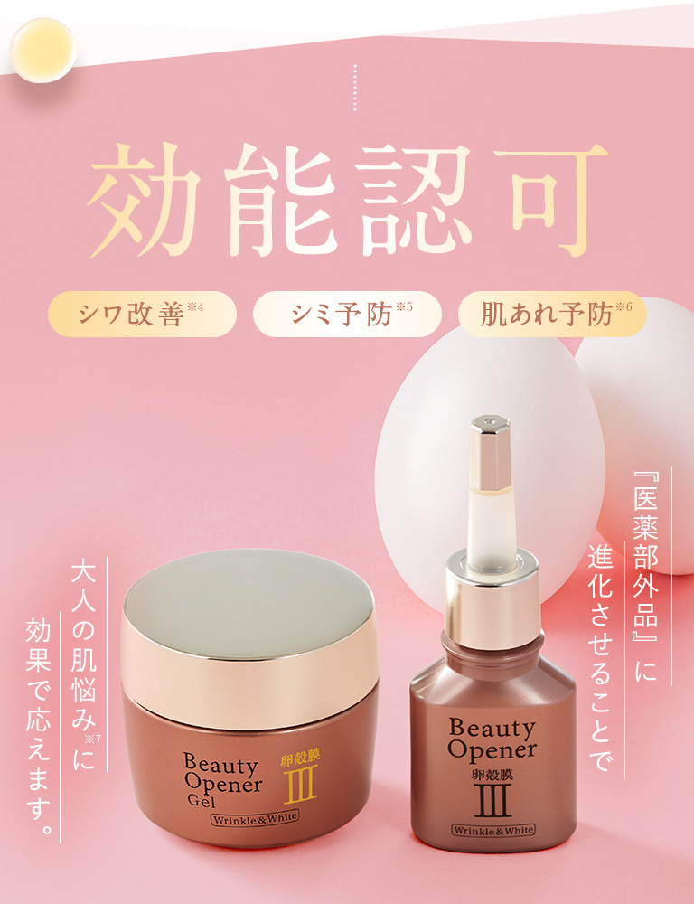 シワ改善、シミ予防、肌荒れ予防の効能認可された医薬部外品のビューティーオープナー