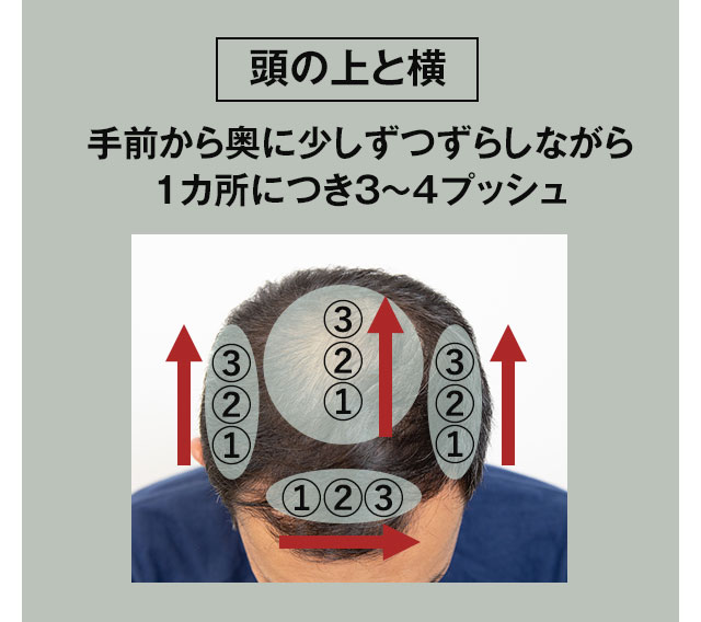 頭の上と横は、手前から奥に少しずつずらしながら 1カ所につき3~4プッシュ