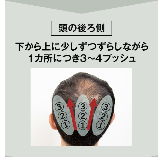 頭の後ろ側は、下から上に少しずつずらしながら 1カ所につき3~4プッシュ