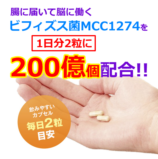 腸に届いて脳に働くビフィズス菌MCC1274が1日分2粒に200億個配合。