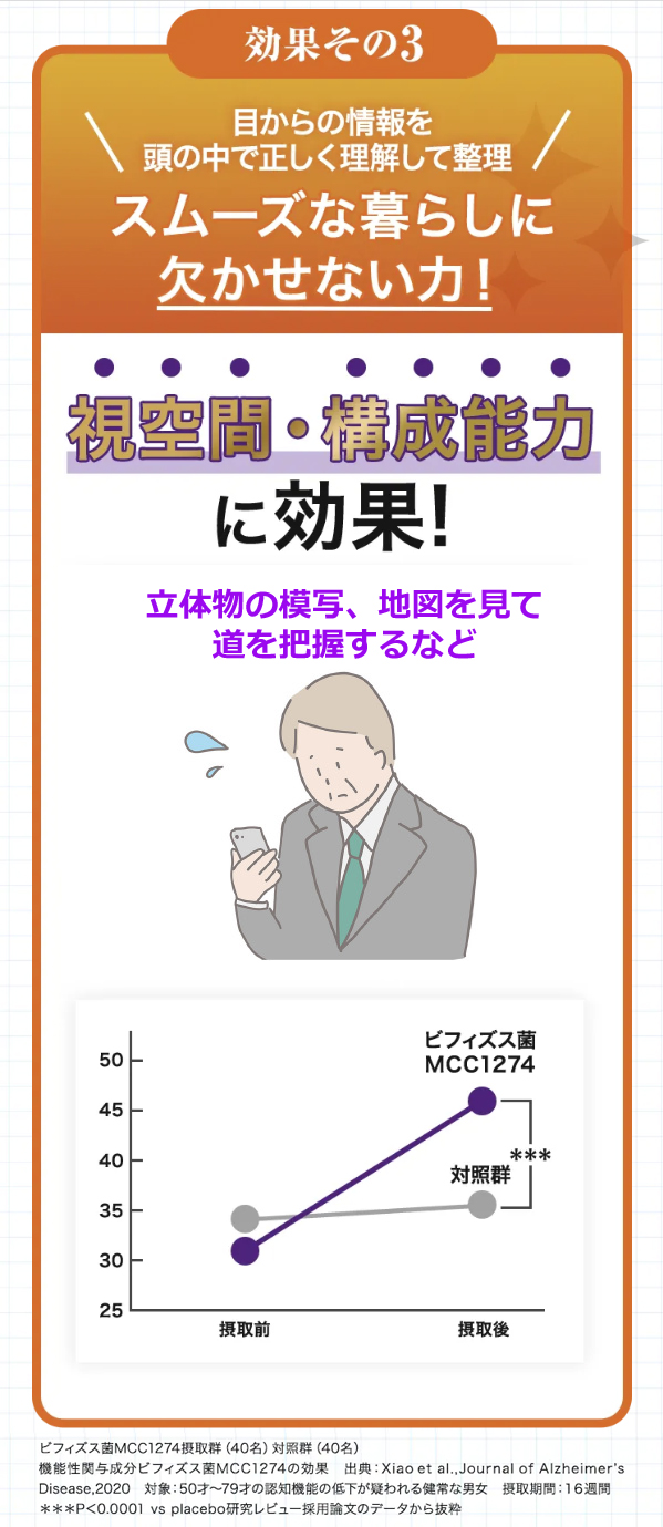ビフィズス菌MCC1274を16週間摂取で視空間・構成に効果。