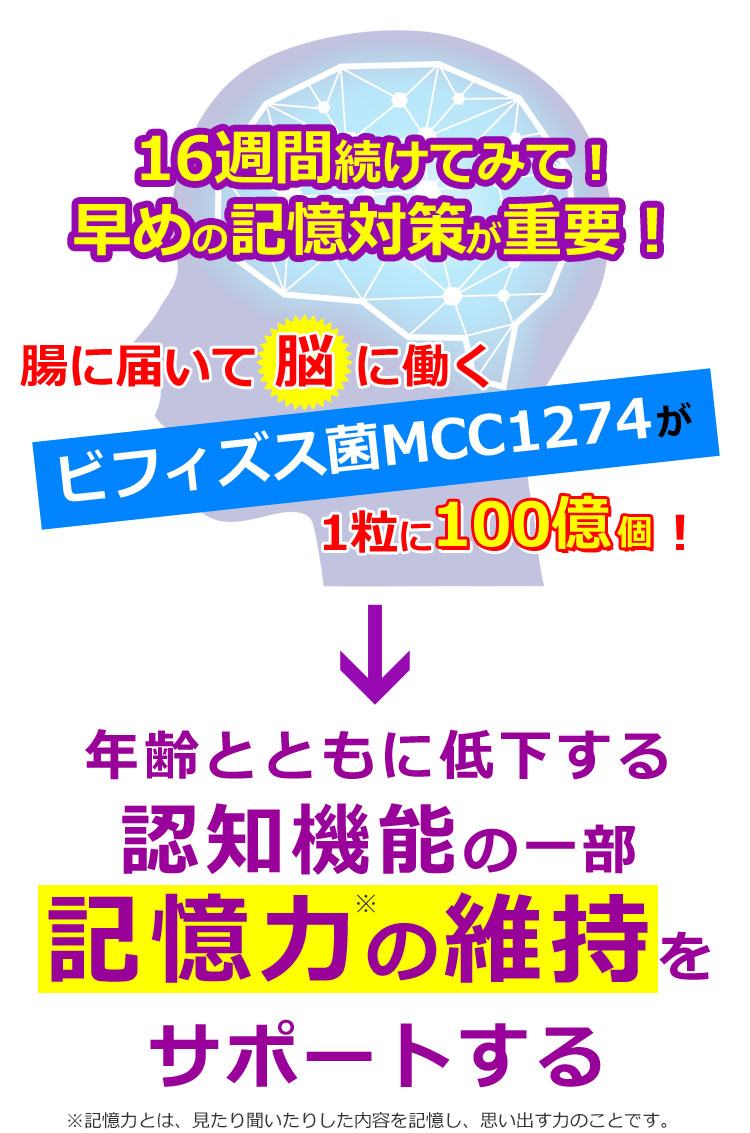 認知機能の記憶力を維持するビフィズス菌MCC1274が1粒に100億個配合した記憶対策サプリ