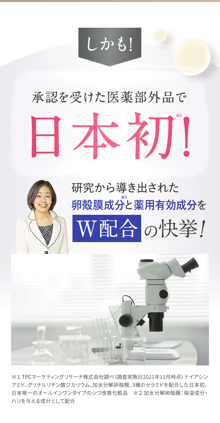 承認を受けた医薬部外品で日本初！東大の研究から導き出された卵殻膜成分と薬用有効成分のW配合の快挙！